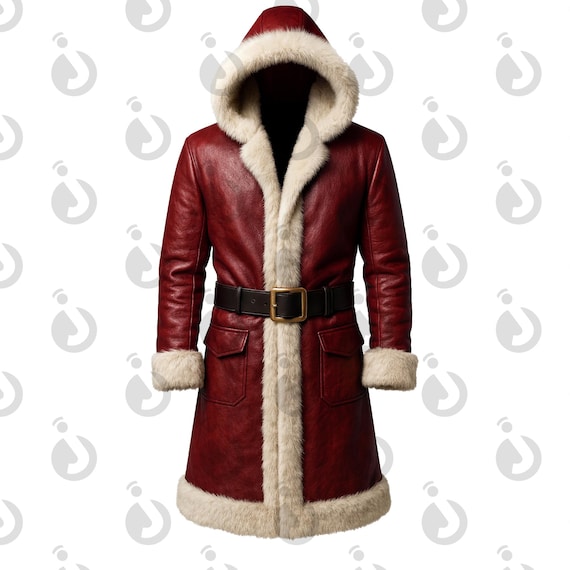 Handmade Red Leather Santa Coat, Faux Fur Trim, Hooded & Belted Christmas Cosplay