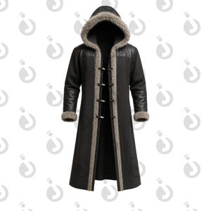 May include: A long, dark gray hooded coat with a faux fur-lined hood and trim. The coat features leather accents on the shoulders and sleeves, and wooden toggle closures down the front. The cuffs are also trimmed with faux fur.