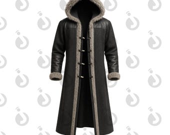Veste di lana norrena: cappotto invernale vichingo con cappuccio e dettagli in pelle