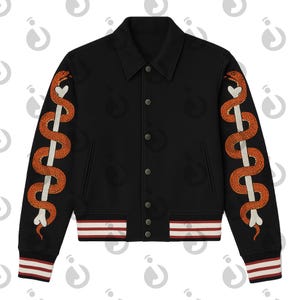 May include: Black bomber jacket with orange snake embroidery on the sleeves. The jacket has a button-up front, a collar, and striped cuffs and hem in red, white, and black. The jacket has a pattern of small black shapes.