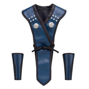 May include: A blue and black costume set. The chest piece has silver studs and two circular emblems. Two matching arm cuffs are also included. The chest piece is tied with a black string.