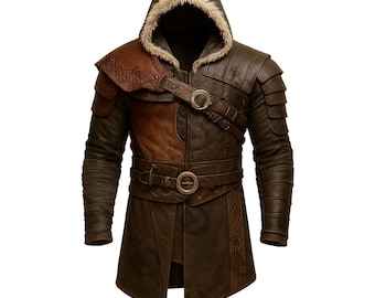 Viking Hooded Coat, Medieval Fur Hood Norse Armor Coat, Brown Warrior Cosplay Coat