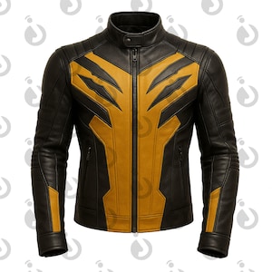 May include: Black leather jacket with a stand-up collar and a front zip. The jacket has yellow detailing on the chest and shoulders, with a distinctive claw-like design. It features two zipped pockets and a tailored fit.
