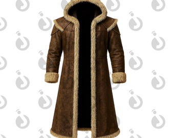 Cappotto in pelle vichinga fatto a mano con cappuccio, guerriero medievale, con finiture in pelliccia, per cosplay LARP e LARP, lungo soprabito rinascimentale