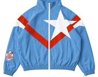 Bad Bunny PR Star Jacket Puerto Rico Flag Blue Red Streetwear Unisex Hip Hop Celebrity Style