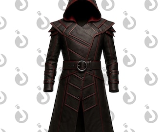 Cappotto in pelle da assassino gotico fatto a mano - Cosplay fantasy con cappuccio