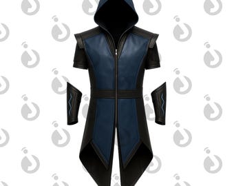 Costume Sub Zero Inspire Mortal Kombat con cappuccio in pelle nera e blu, vestito LARP