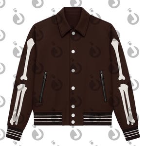 May include: A brown bomber jacket with white bone designs on the sleeves. The jacket has a button-up front, two zippered pockets, and a ribbed hem with white stripes. The jacket also features a pattern of a stylized logo.