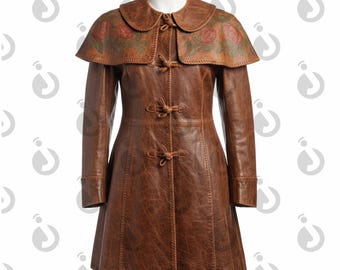 Cappotto in pelle medievale fatto a mano da donna - Mantella con stampa floreale, cappotto vichingo LARP, costume da fiera rinascimentale