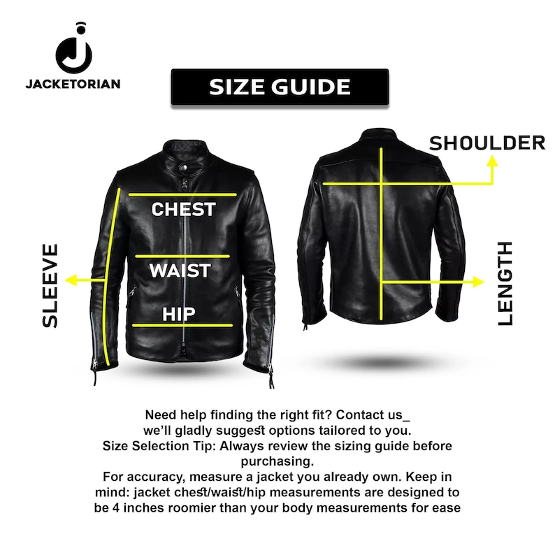 Op de afbeelding: Een maattabel voor een zwarte leren jas met de tekst "SIZE GUIDE". De gids toont voor- en achteraanzichten van een jas met meetlabels: borst, taille, heup, mouw, schouder en lengte. De tekst geeft tips voor nauwkeurige maatvoering.