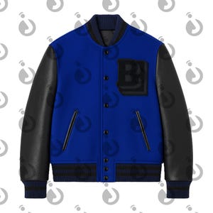 Royal Blue Wool Varsity Jacket: Faux Leather Sleeves, Textured &quot;B&quot; Patch