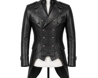 Steampunk Leather Tailcoat Jacket: Gothic Military Costume Coat