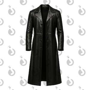 Könnte beinhalten: Ein langer, schwarzer Ledermantel mit klassischem Design. Der Mantel hat einen Reverskragen, einen Knopfverschluss und lange Ärmel. Der Mantel ist einfarbig schwarz und hat eine taillierte Passform, geeignet für verschiedene Anlässe.