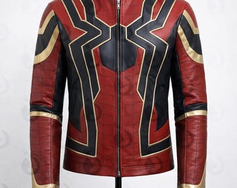 Giacca in pelle rossa e nera ispirata a Spider-Man, costume da supereroe per cosplay di Peter.