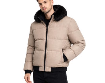 Piumino con collo in pelliccia da uomo: cappotto invernale trapuntato