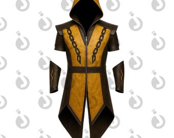 Costume da Scorpion Inspire Mortal Kombat con cappuccio in pelle nera e gialla, vestito LARP