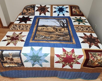 Amish Handmade Wildlife Deer Quilt 102x112 King Queen Rustic Cabin Decor