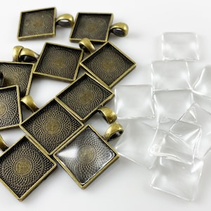 16mm Square Antique Bronze Color Pendant Tray Blank Bezel with 16mm glass 10pcs