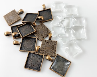16mm Square Antique Copper Color Pendant Tray Blank Bezel with 16mm glass 10pcs