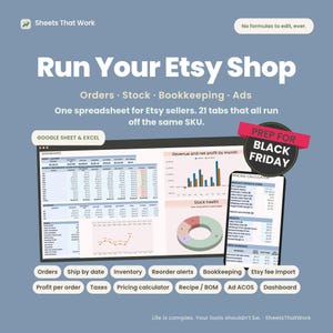 May include: A digital spreadsheet tool for Etsy sellers titled Run Your Etsy Shop, featuring a dashboard with financial charts, a pricing calculator, and tabs for orders, stock, bookkeeping, and ads. Includes text: Prep for Black Friday.