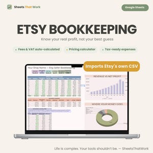 Puede incluir: Una pantalla de portátil que muestra una hoja de cálculo de contabilidad de Etsy con tablas de rendimiento mensual, resúmenes trimestrales y tarifas estimadas. Los gráficos muestran ingresos frente a beneficio neto. Texto: Etsy Bookkeeping.