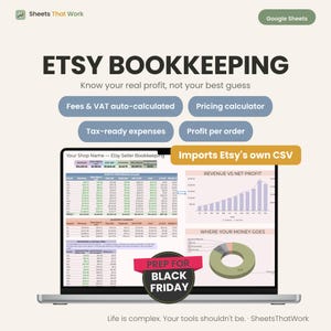 May include: A laptop screen displaying an Etsy bookkeeping spreadsheet with tables, a revenue vs net profit line graph, and a pie chart. Text includes Etsy Bookkeeping, Fees & VAT auto-calculated, Pricing calculator, Tax-ready expenses, Profit per order, Imports Etsy's own CSV, and Prep for Black Friday.