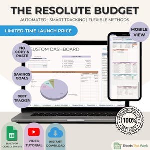 Puede incluir: Un ordenador portátil y un smartphone que muestran un panel de control de presupuesto. La pantalla del portátil muestra un panel de control personalizado con desgloses de gastos y objetivos de ahorro. El smartphone muestra una vista móvil del presupuesto.