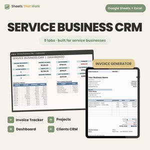 Può includere: Un modello digitale di CRM per aziende di servizi compatibile con Google Sheets ed Excel, dotato di 9 schede, una dashboard con metriche finanziarie e un generatore di fatture che visualizza entrate, profitti e liste clienti.