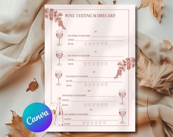 May include: A wine tasting scorecard with a light pink background and burgundy illustrations. The scorecard includes spaces for notes and rankings, with the text "WINE TASTING SCORECARD" at the top. The Canva logo is visible in the bottom left corner.