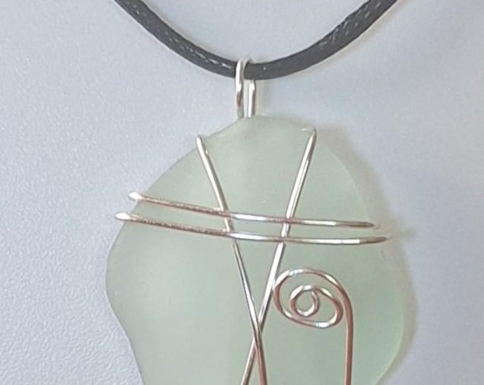 Genuine Sea Glass Seafoam Green Wire Wrapped Pendant Expandable Nylon Cord Choker Necklace Handmade Jewelry Beach Glass Women Gift Birthday