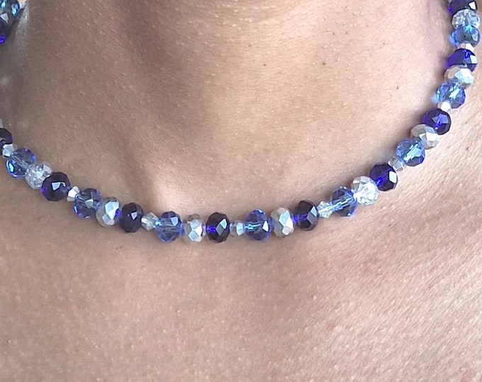 Handmade Adjustable Silver and Blue Choker Cord Necklace with Sliding Stopper Czech Jeweled 8mm Glass Beads for Women Wife Gift