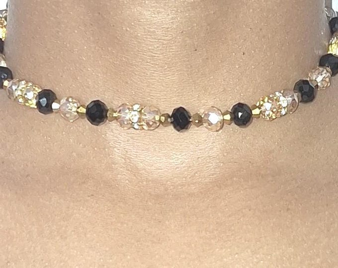 Handmade Adjustable Gold and Black Choker Cord Tie Necklace with Sliding Stopper Czech Jeweled 8mm Glass Beads for Women Wife Gift