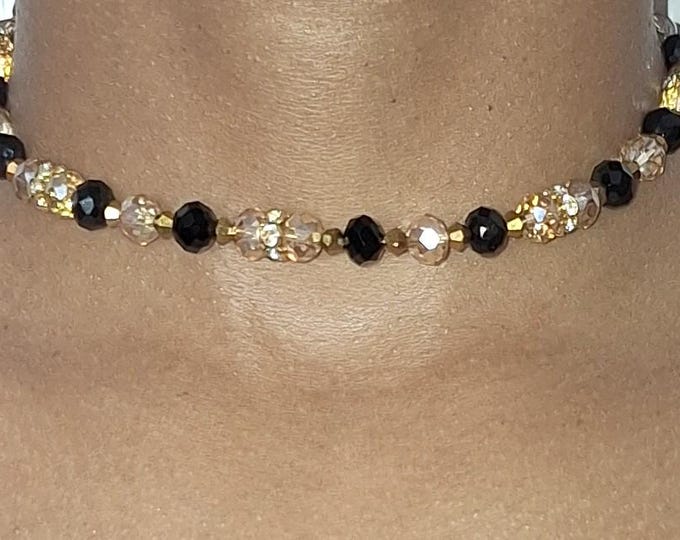 Handmade Adjustable Gold and Black Choker Necklace, Czech Jeweled 8mm Glass Beads, Nylon Cord Necklace for Women Wife Gift