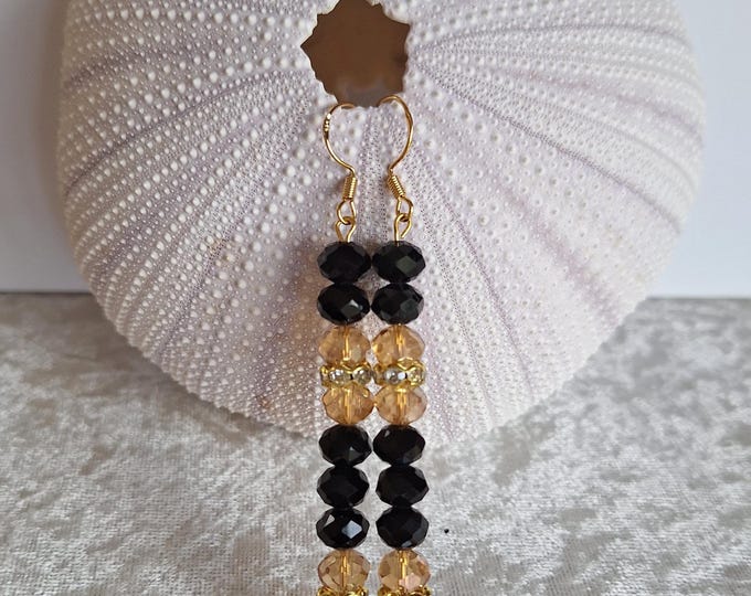 Long 3-inch dangle drop beaded earrings, gold and black drop earrings, Czech glass earrings, stacked bead earrings, handmade jewelry, gift