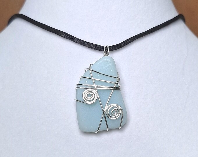 Rare Blue/Green Porcelain Ceramics Wire Wrapped Pendant Handmade Nylon Cord Choker Necklace Jewelry Genuine Sea Glass Women Gift Birthday