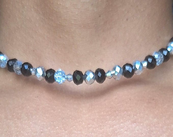 Handmade Adjustable Silver and Black Choker Cord Necklace with Sliding Stopper Czech Jeweled 8mm Glass Beads for Women Wife Gift