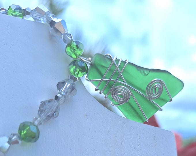 Green Sea Glass Pendant 28-Inch Necklace Wire Wrapped Handmade Beaded Jewelry Genuine Beach Glass Women Wife Birthday Wedding Gift