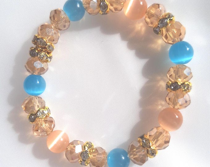 6.5 inch cat's eye handmade stretch multi-color fashion bracelet Czech glass rhinestones double-banded stretch cord 8mm beads gift for her