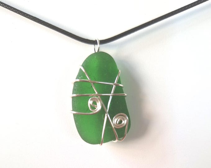 Genuine Forest Green Sea Glass Wire Wrapped Pendant Adjustable Nylon Cord Choker Necklace Handmade Jewelry Beach Glass Women Gift Birthday