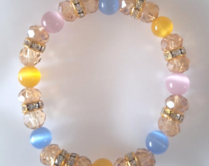 7-inch cat's eye handmade stretch multi-color fashion bracelet Czech glass rhinestones double-banded stretch cord 8mm beads gift for her