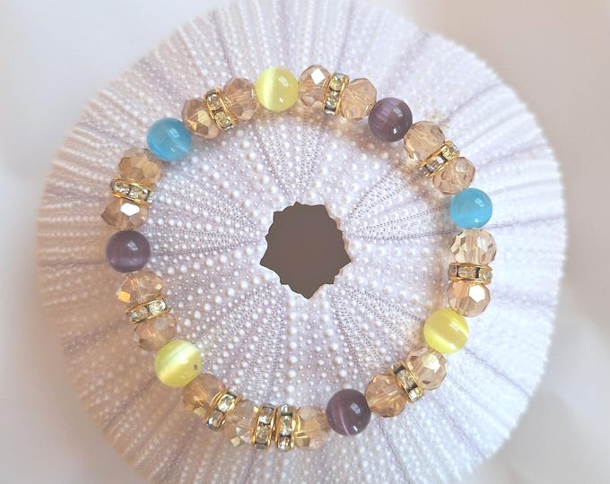 7.5 inch cat's eye handmade stretch multi-color fashion bracelet Czech glass rhinestones double-banded stretch cord 8mm beads gift for her