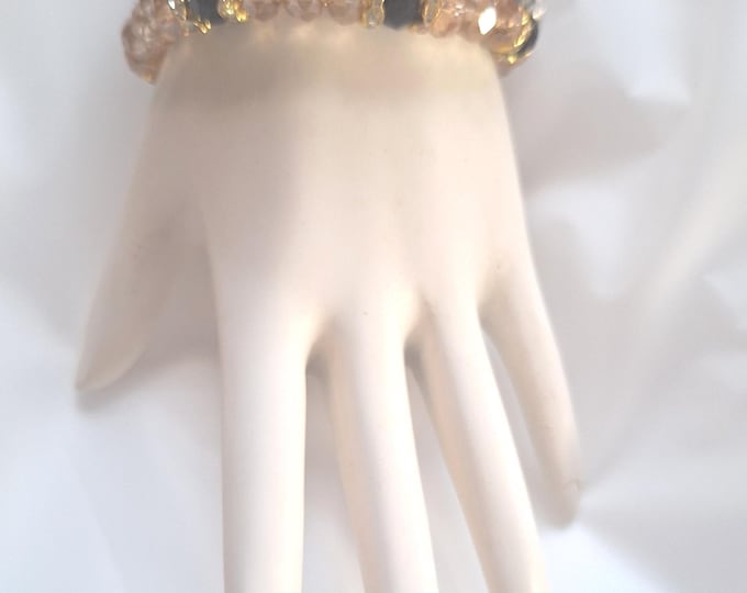 3-piece set, 7.5", handmade, gold black silver beaded stretch elastic bracelets, stackable, layering, 8mm Czech glass beads, for women, gift