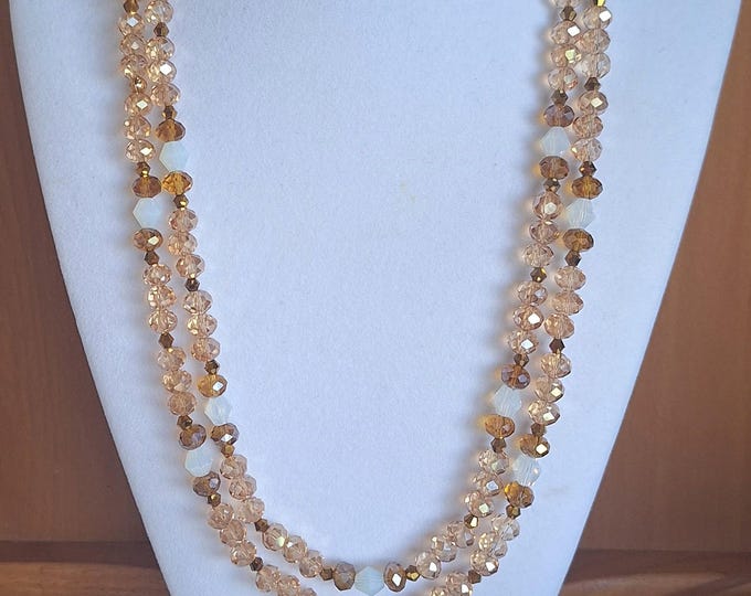 Long Handmade 48" Opera Length, Gold White Czech Jeweled 8mm Glass Beads, Single Double Wrap Pull Over the Head Necklace for Women, No Clasp