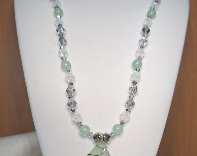 Sea Foam Green Sea Glass Pendant 28" Necklace Wire Wrapped Handmade Crystal Beaded Jewelry Genuine Beach Glass Women Birthday Wedding Gift