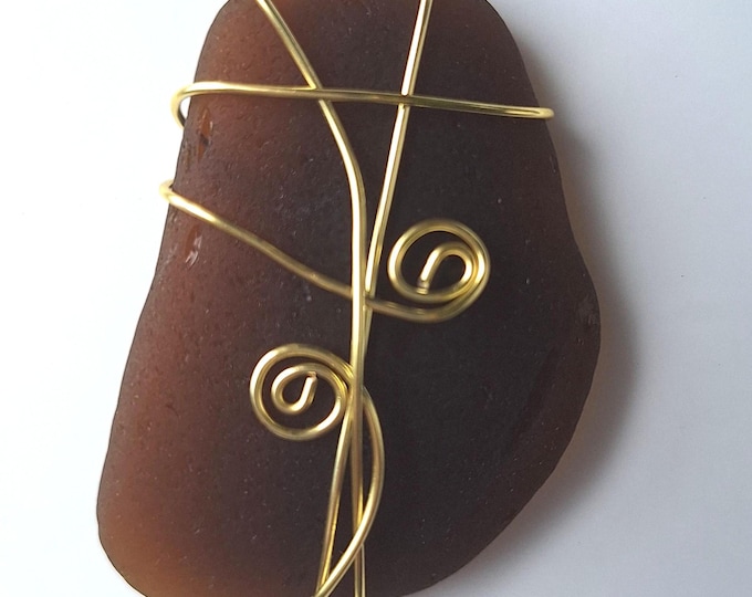 Large 1 3/4 x 1 1/4" Unique, Handmade, Wire-Wrapped sea glass pendant, Brown, Genuine Beach Glass Jewelry, Mermaid Style, Gift, Add Chain