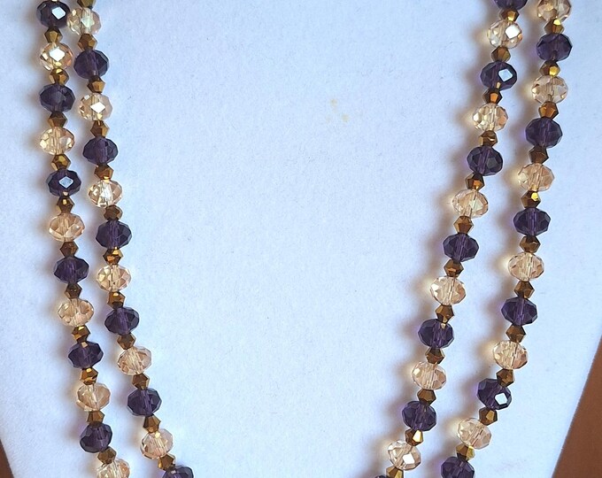 Long 48" Opera Length Handmade Purple and Gold Czech Jeweled Glass Beads Single Double Wrap Pull Over the Head Necklace for Women No Clasp