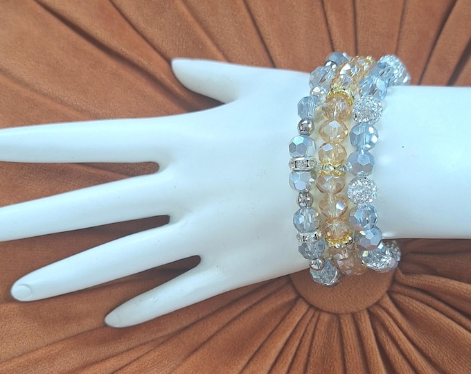 3-piece set, 7", handmade, silver and gold beaded stretch elastic bracelets, stackable, layering, 8mm Czech glass beads, for women, gift