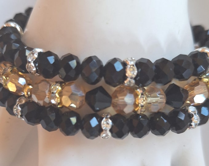 3-piece set, 8", handmade, gold and black beaded stretch elastic bracelets, stackable, layering, 8mm Czech glass beads, for women, gift