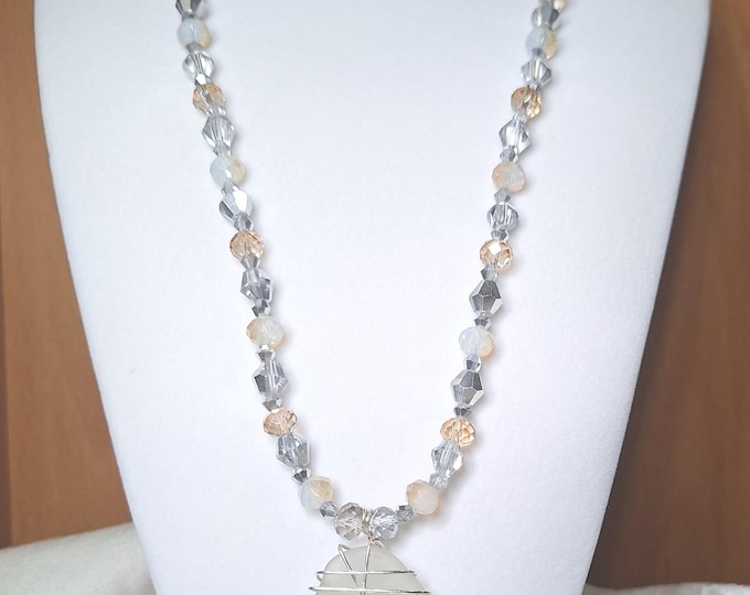 White Clear Genuine Sea Glass Beach Glass Wire-Wrapped Pendant on 28" Czech Jeweled Glass Handmade Beaded Necklace Women Girls Gift