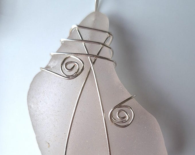 Large 2X1.5" Lilac Tinted, Unique, Handmade, Wire-Wrapped Sea Glass Pendant, Genuine Beach Glass Jewellery, Mermaid Style, Gift, Add Chain